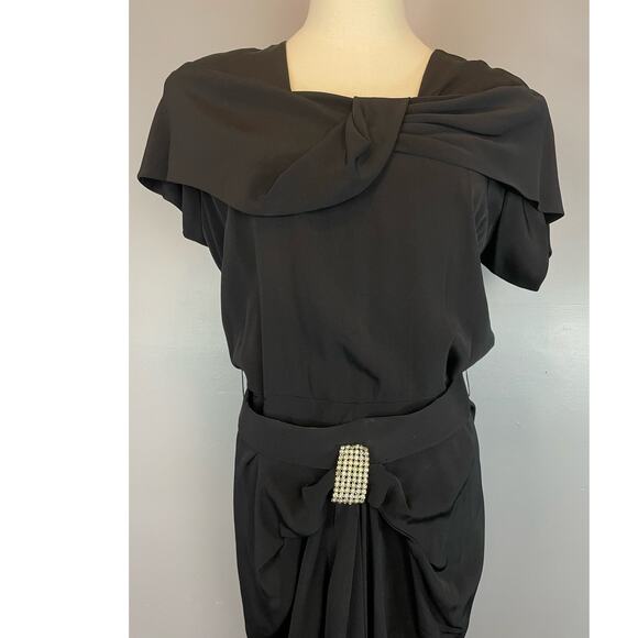 Vintage 40s 50s Black Rayon Crepe Draped Midi Dress Med Lg Rhinestone Belt - Picture 4 of 10